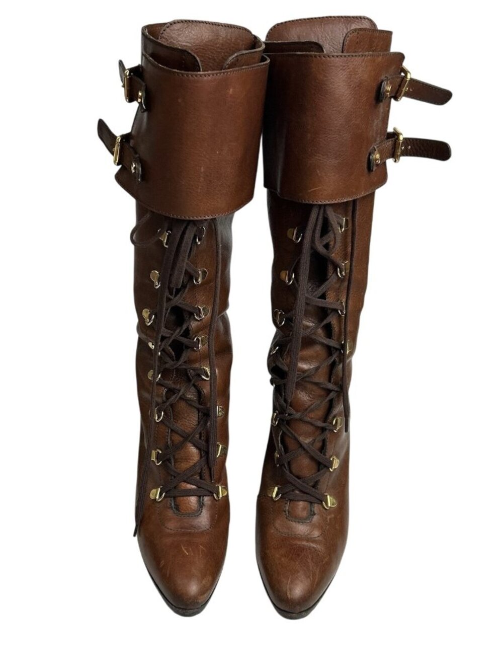 Ralph Lauren Collection 8B Brown Leather Lace Up Knee High Boots Buckle Heels - Picture 4 of 16